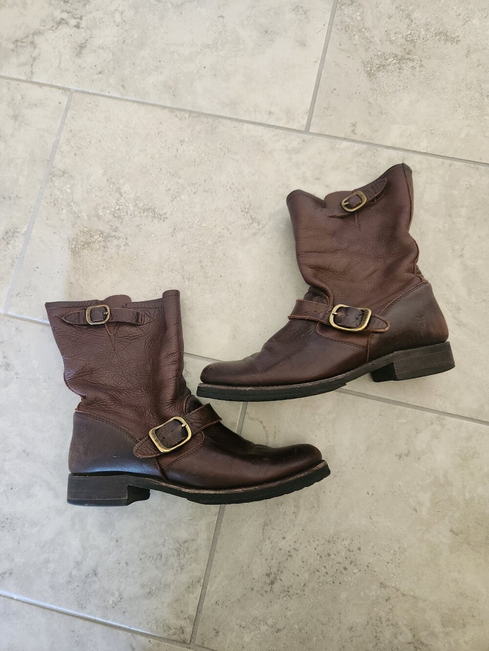 Frye Brown Leather Veronica Slouch Motorcycle Boots